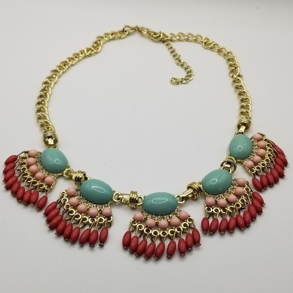 J Crew Beaded Statement Necklace Fan Colorful Multicolor Gold Tone Fringe Dangle - Picture 11 of 11